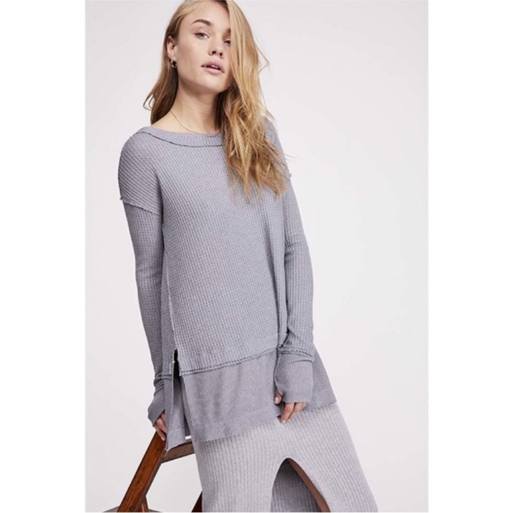 Free People North Shore Thermal Top Waffle Knit Storm Grey size Medium